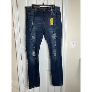 M Society Distressed Skinny Fit Stretch Jeans Size 38 x 34 Dark Wash NWT $68